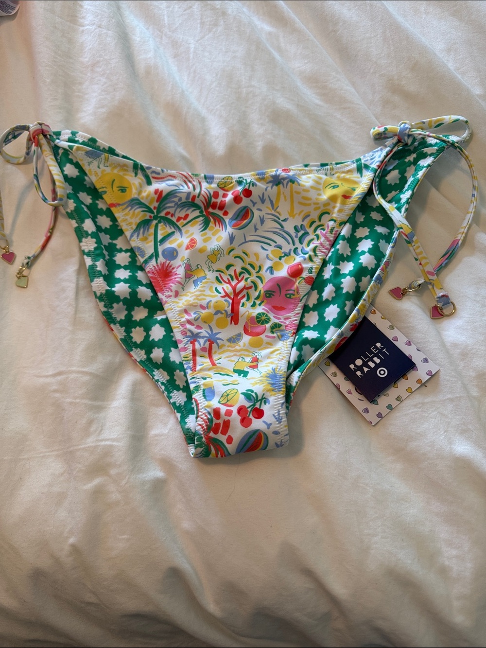 Roller Rabbit Multicolor Tie-Side Bikini Bottom with Charm Ties-size L-Fun!